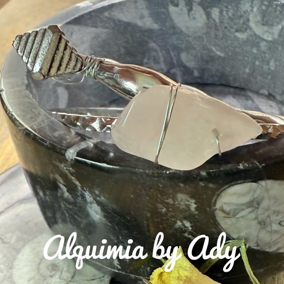 Classic  silver bangle cuff statement bracelet set pink quartz - Picture 7 of 7